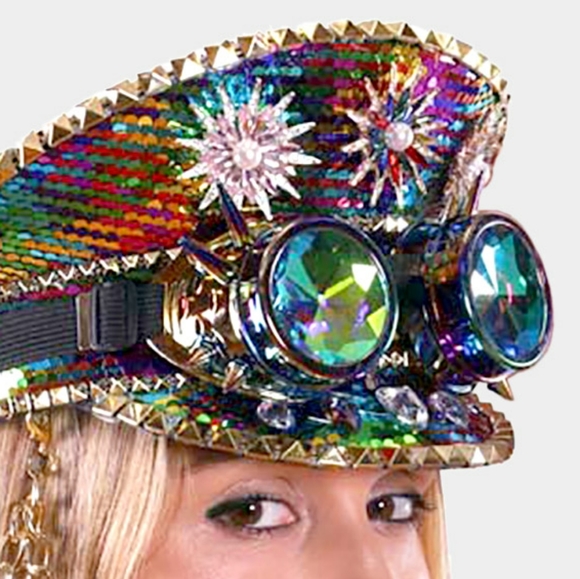 Steampunk Goggle Sequin Festival Captains Hat - Picture 3 of 5
